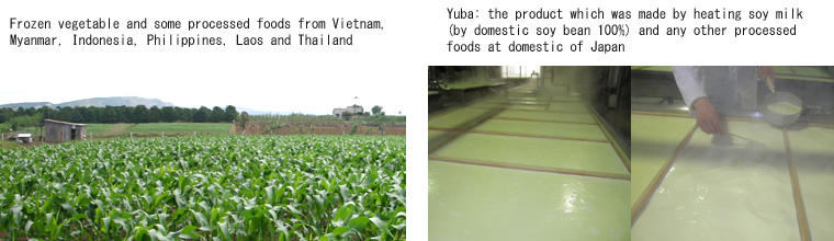 Frozen vegetable　and some processed foods from Vietnam, Myanmar, Indonesia, Philippines, Laos and Thailand
			Yuba: the product which was made by heating soy milk (by domestic soy bean 100%) and any other processed foods at domestic of Japan
